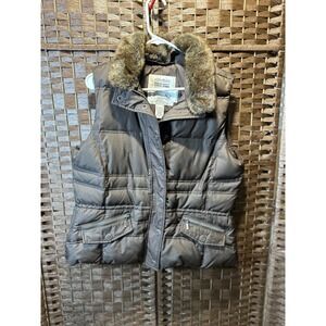 Eddie Bauer Goose Down‎ Puffer Vest Faux Fur Collar Brown Winter Warm